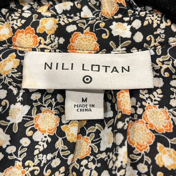 Nili Lotan Pleated Floral Balloon Sleeve Button Down High Neck Blouse M Black - Picture 8 of 9